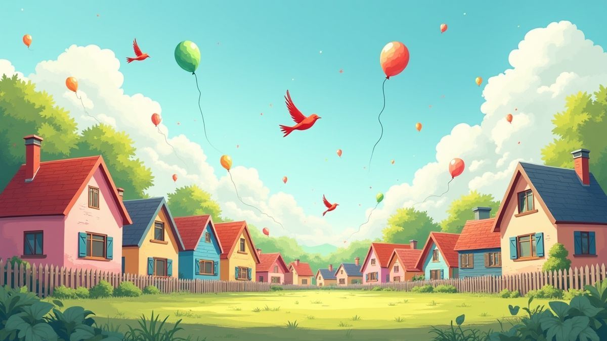 Um bairro colorido com pássaros voando e globos no céu.