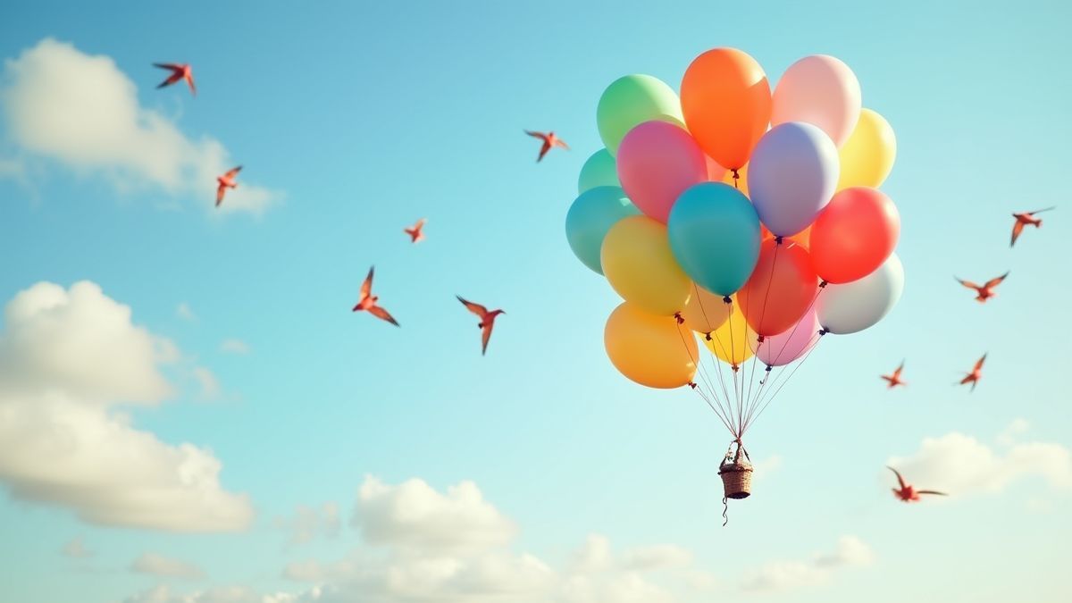 Globos flutuando no céu com pássaros coloridos voando ao redor.