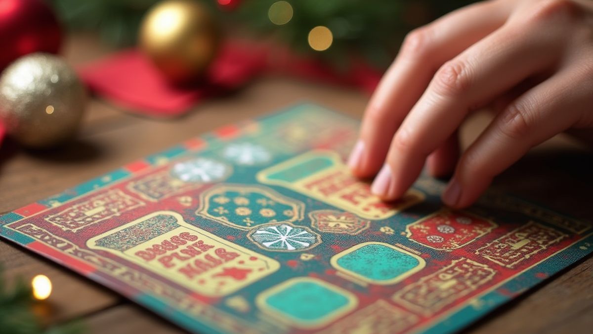 Hand scratching a festive scratch card.