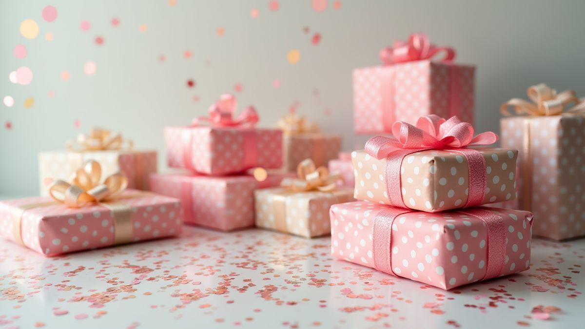 Table with birthday gifts and confetti.