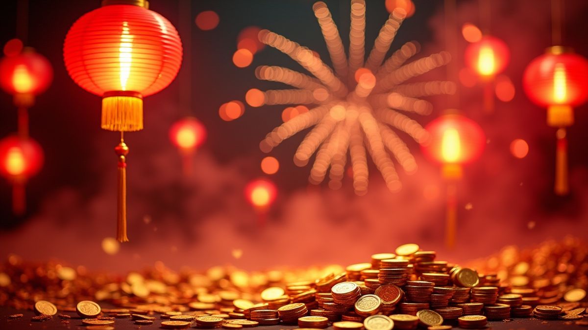 Linternas chinas y monedas doradas con fuegos artificiales.