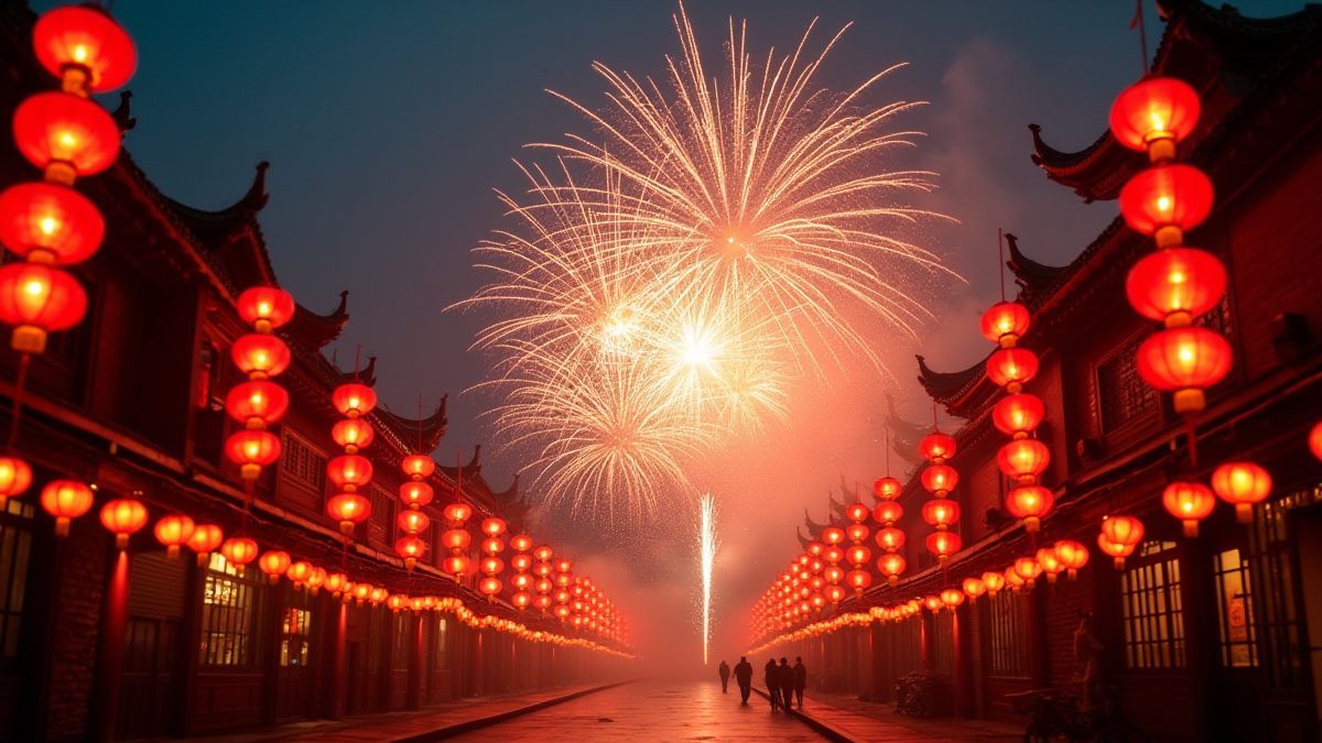 Fuegos artificiales sobre una calle decorada para el Año Nuevo Chino.