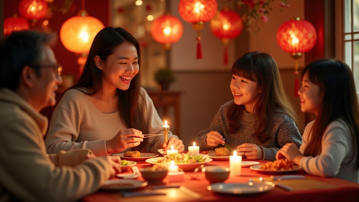 Familia celebrando el Año Nuevo Chino con comida y decoración tradicional.