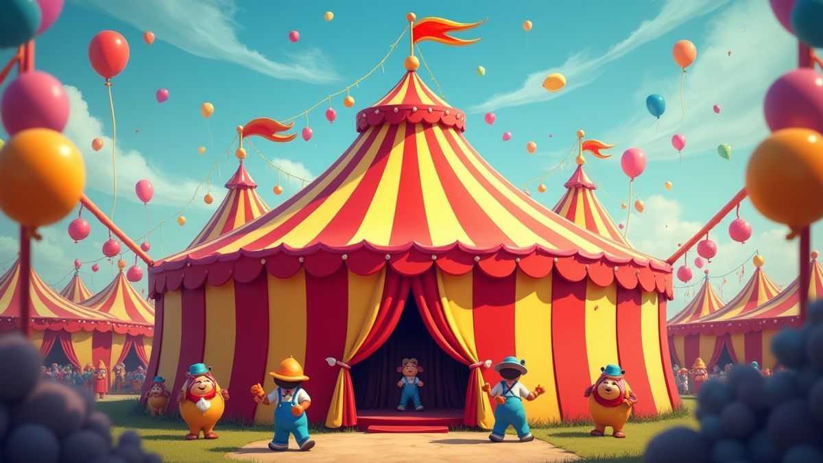 Une carpa de circo colorée avec globos et artistes en un style animé.