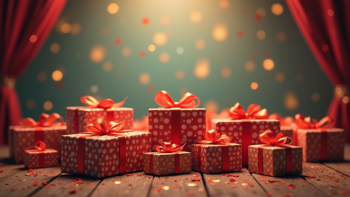 Cajas de regalos envueltas en un entorno circense.