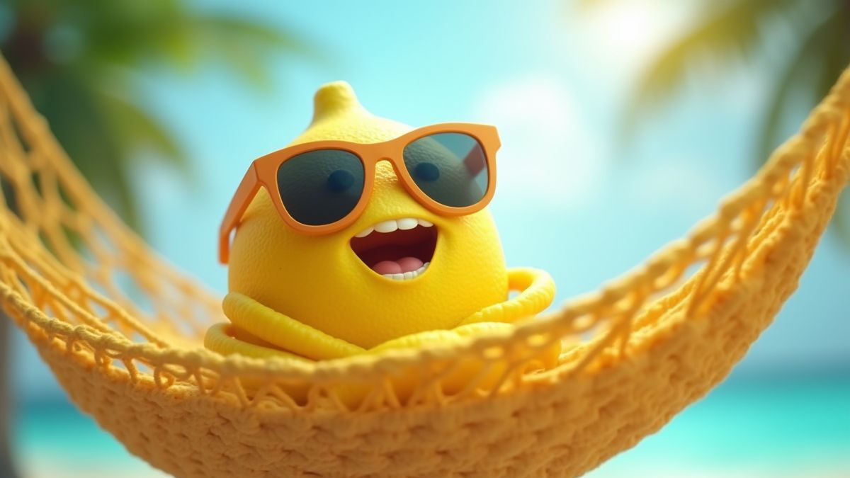 A smiling lemon with sunglasses relaxing in a hammock