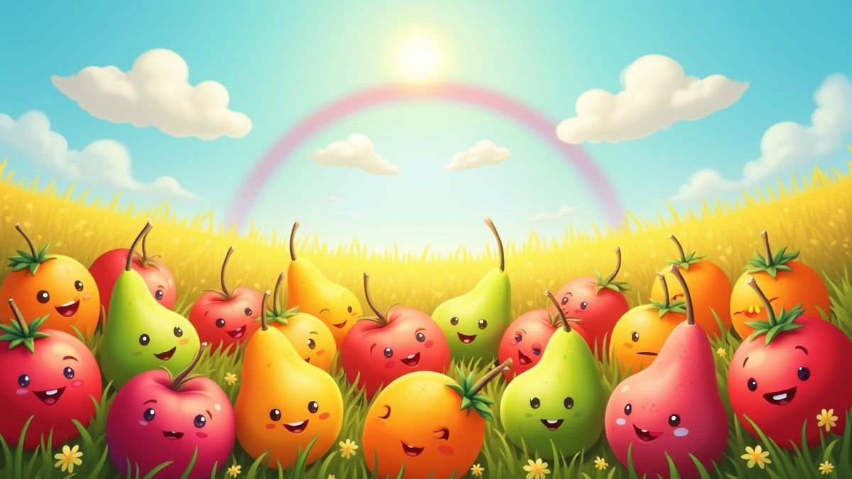 Field filled with smiling fruits and a rainbow in the background