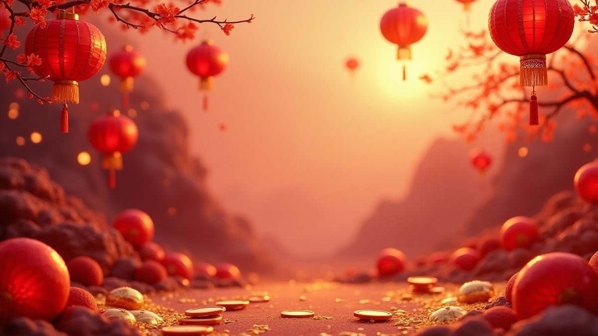 Paisaje chino tradicional con farolillos rojos y monedas doradas.