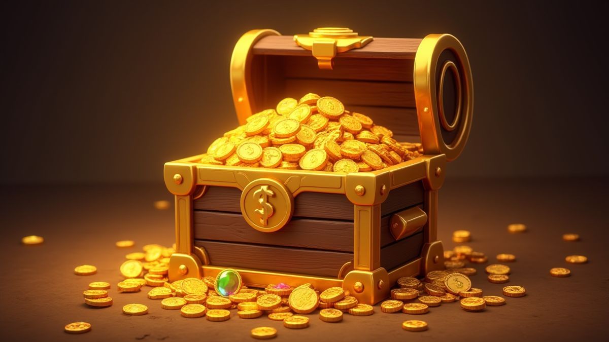 Cofre del tesoro dorado lleno de monedas de oro y gemas brillantes.