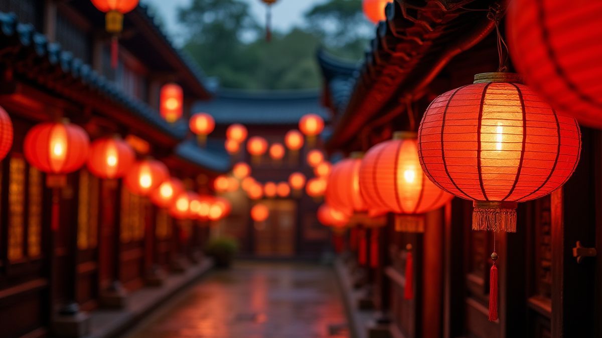 Farolillos chinos tradicionales colgando en un patio antiguo por la noche.