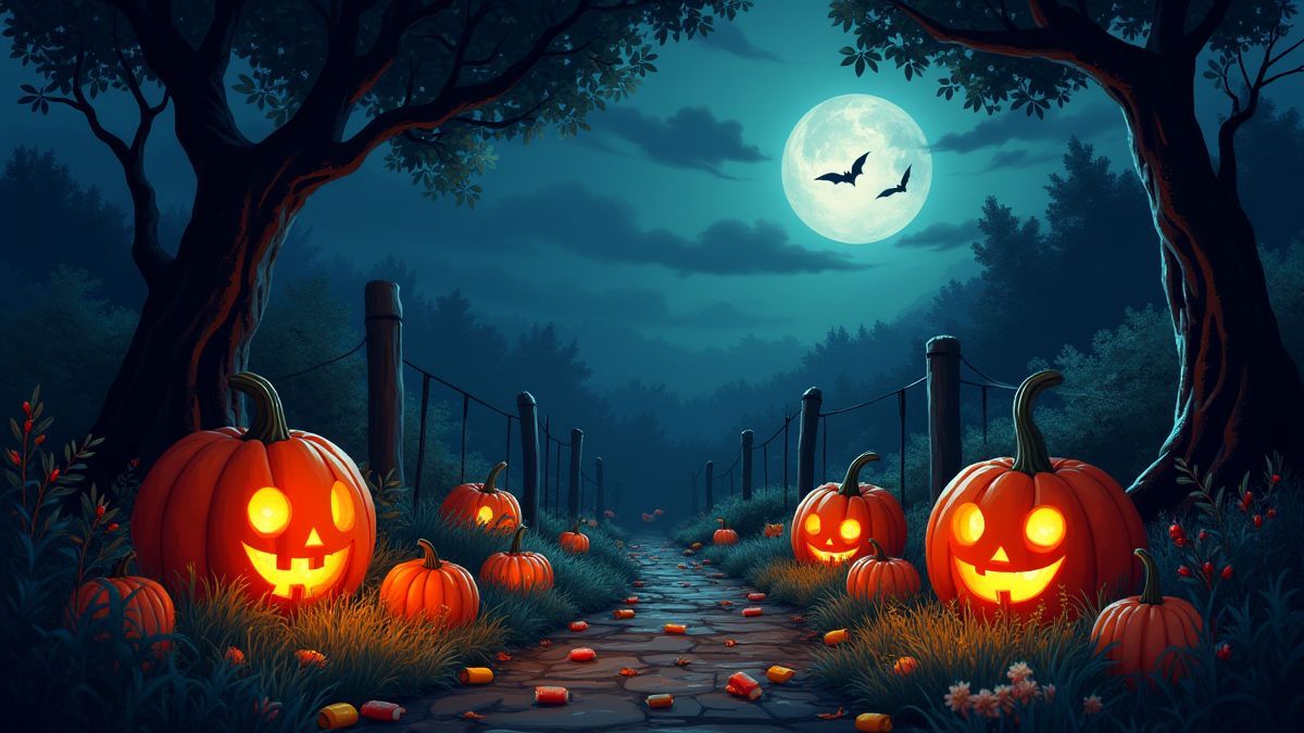 Um jardim temático de Halloween com abóboras brilhantes e doces sob um céu iluminado pela lua.