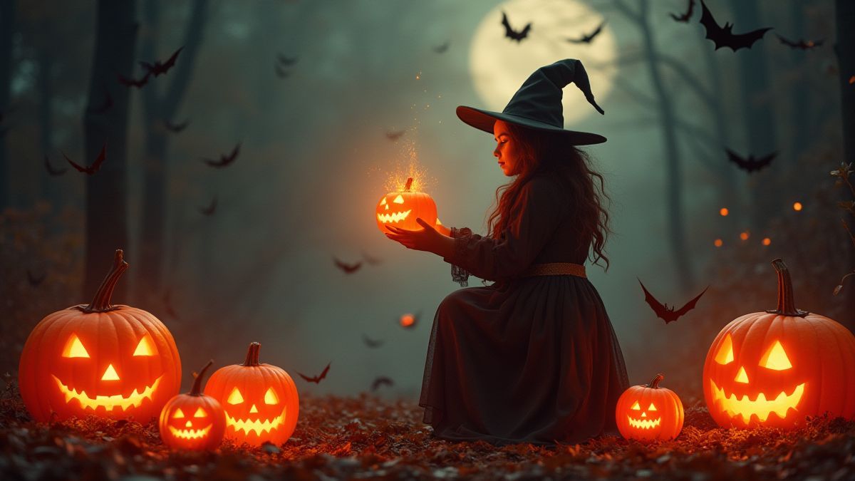 Uma bruxa lançando um feitiço em um cenário de Halloween com abóboras brilhantes e morcegos.