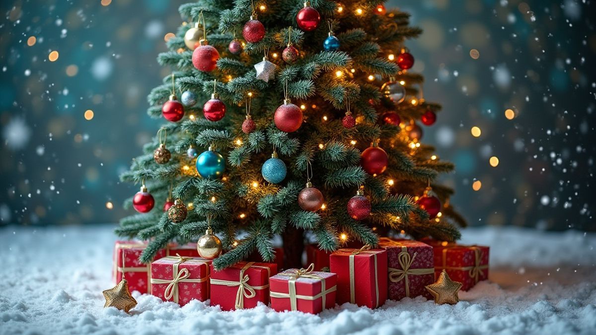 Christmas tree decorated with ornaments and gifts in a snowy landscape.