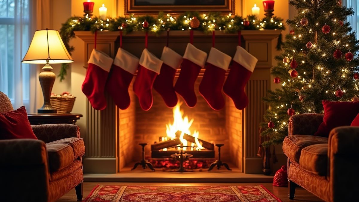 Cozy fireplace with decorative stockings and a festive atmosphere.