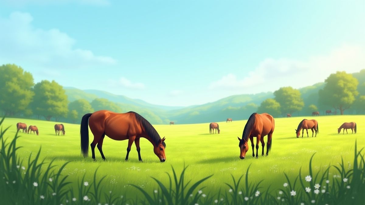 Pastizales verdes con caballos pastando bajo un cielo azul.