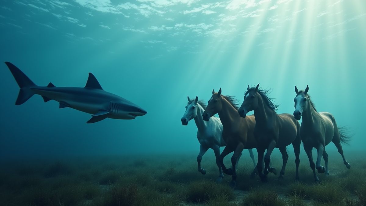 Un tiburón nadando en aguas profundas, contrastado con caballos corriendo en un campo.