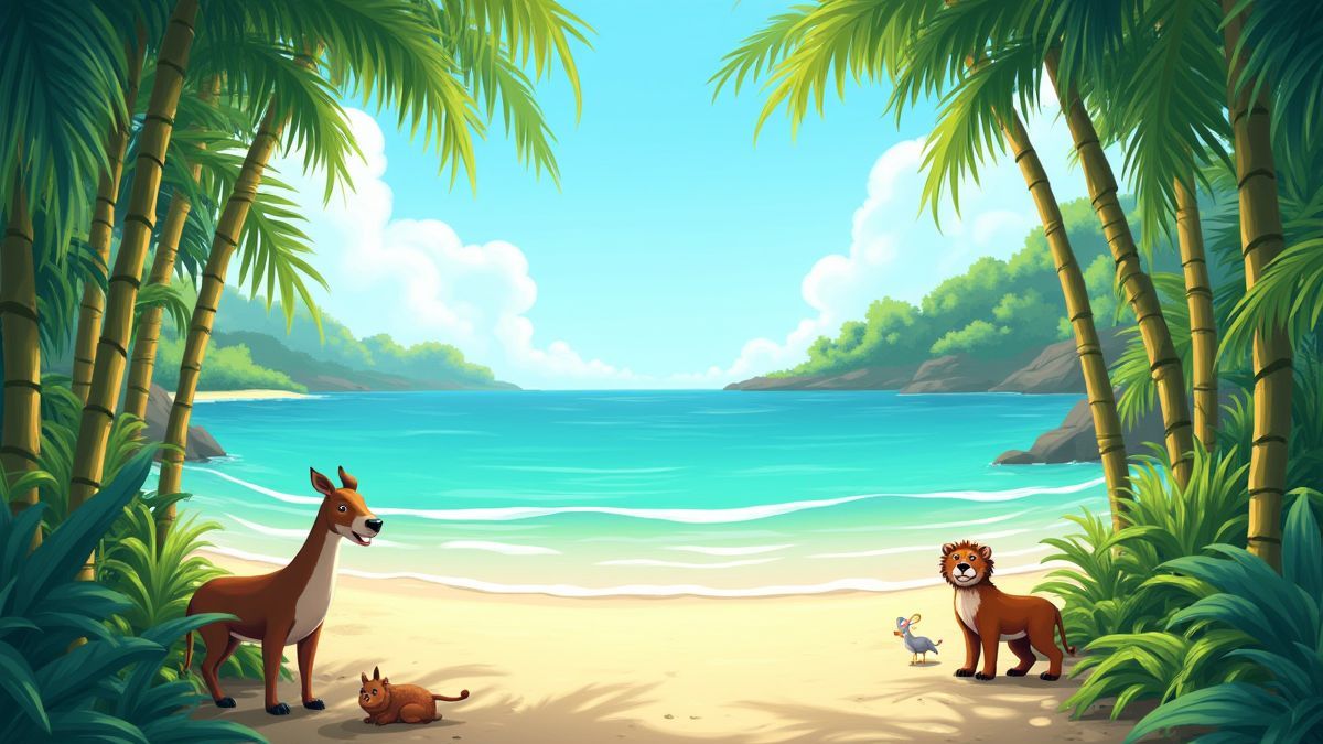 Playa tropical con decoración de bambú y animales de la jungla.