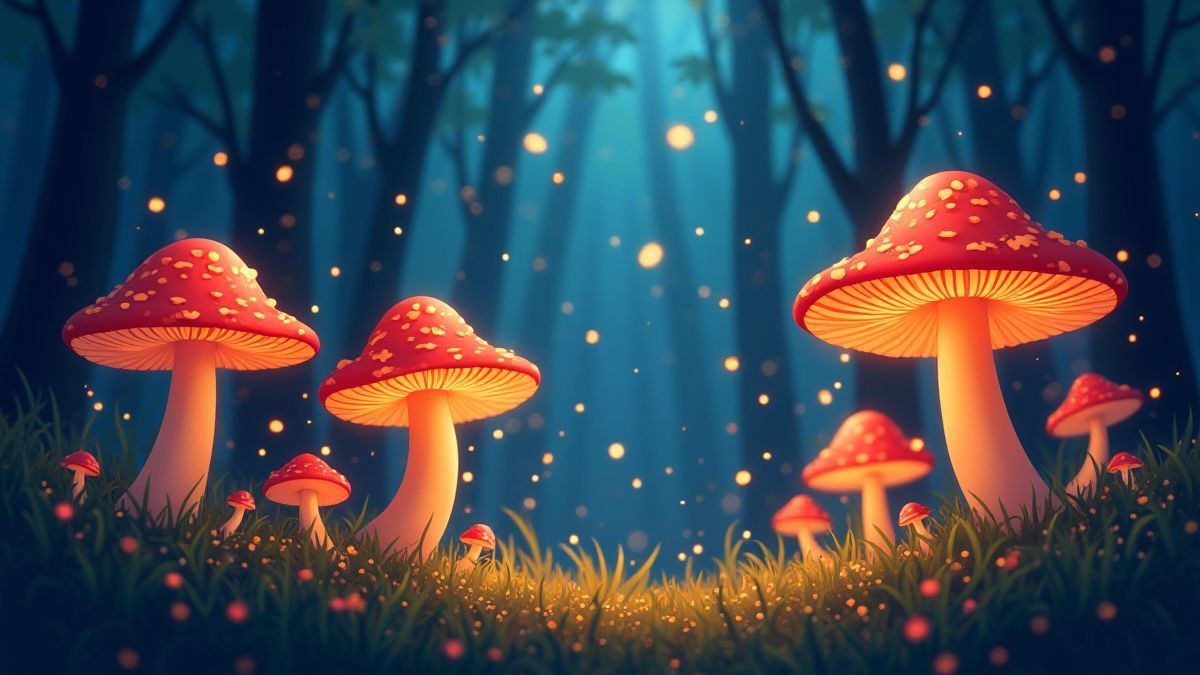 Leuchtende Pilze, die magische Funken im Wald verstreuen.