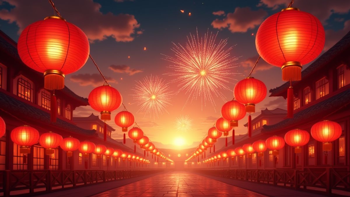 Linternas y fuegos artificiales del Año Nuevo chino.