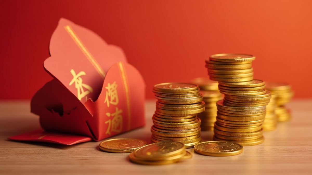 Montón de monedas de oro y sobres chinos tradicionales.