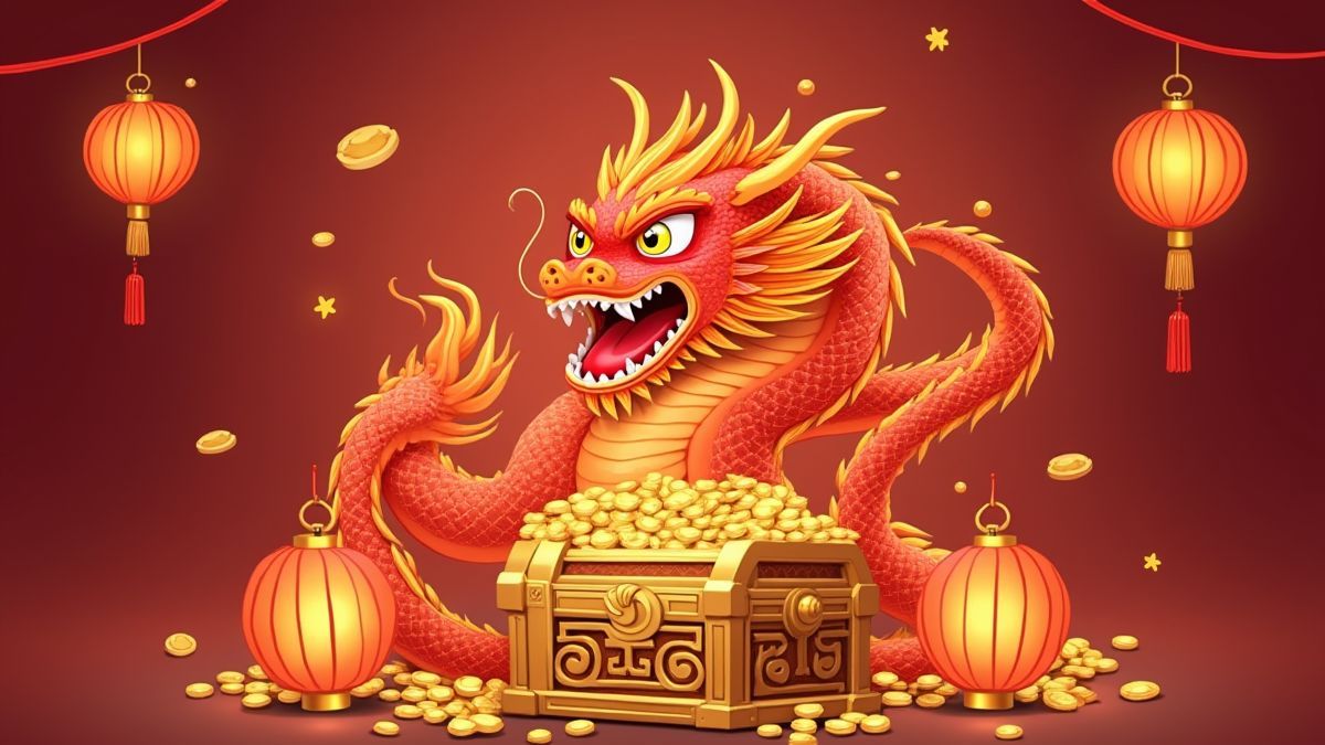Glücklicher Drache, der einen Schatztruhe umschlingt, umgeben von Laternen.