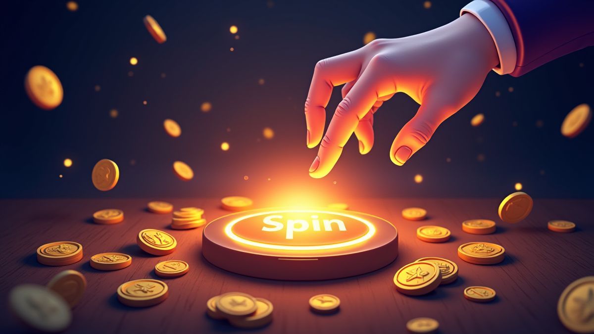 Hand, die einen leuchtenden Spin-Button drückt, umgeben von Münzen und Glückssymbolen.
