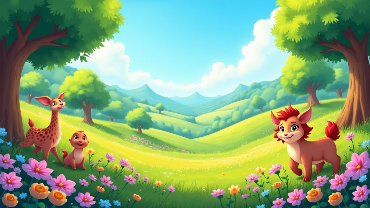 An animated valley with colorful flowers and happy animals.