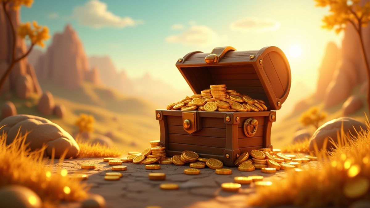 An animated treasure chest surrounded by shiny coins.