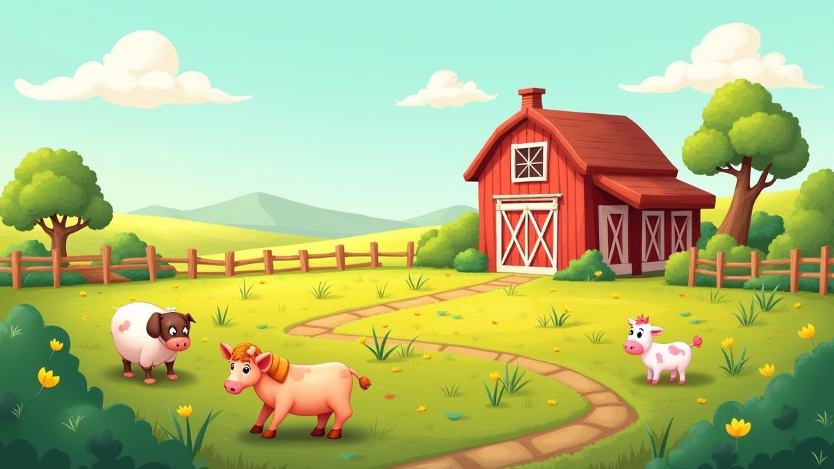 Illustration of an animated farm with crops and animals.