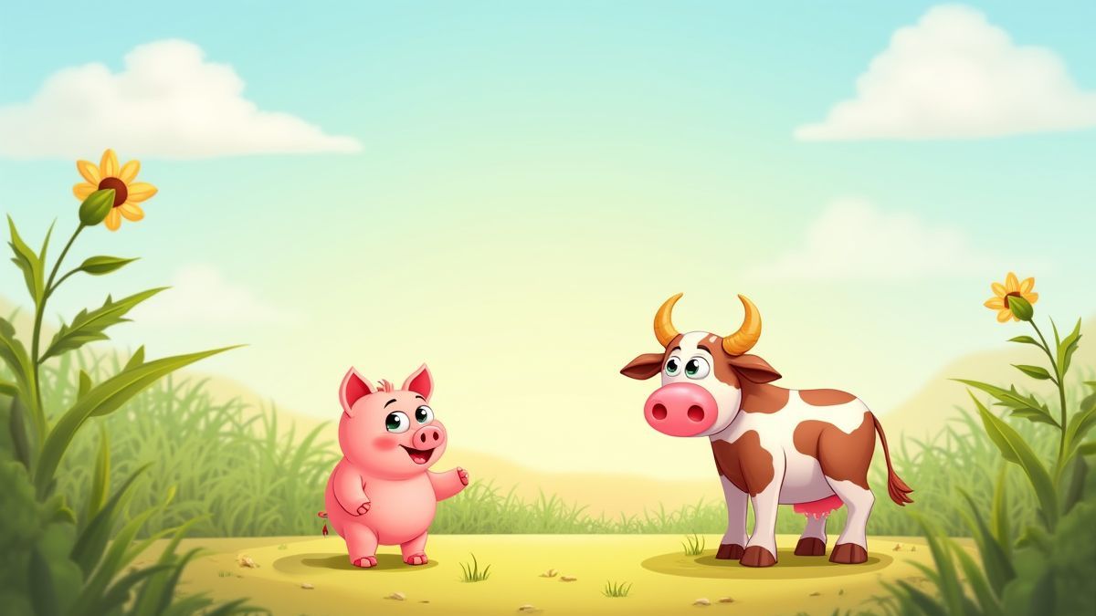 Cartoon drawing of a pig and a cow on a sunny farm.
