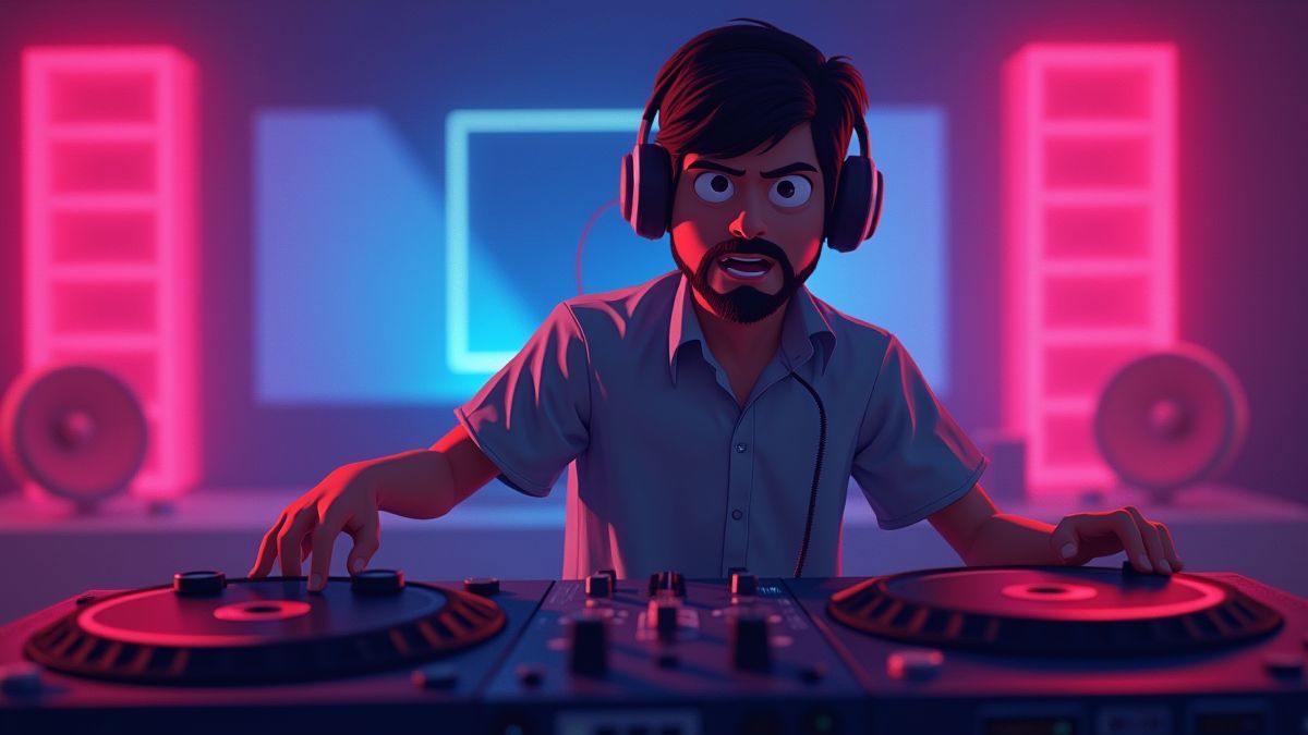 Ein animierter DJ, der Musik unter bunten Neonlichtern mischt.