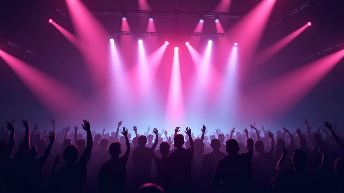 Konzertlautsprecher umgeben von Lichtern und einer Menge, die die Musik genießt.