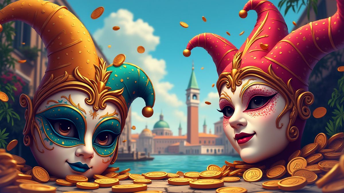 Carnaval veneciano con máscaras y monedas doradas.
