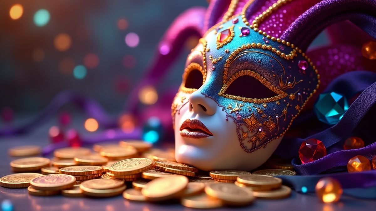 Monedas y gemas cayendo de una máscara carnavalera.