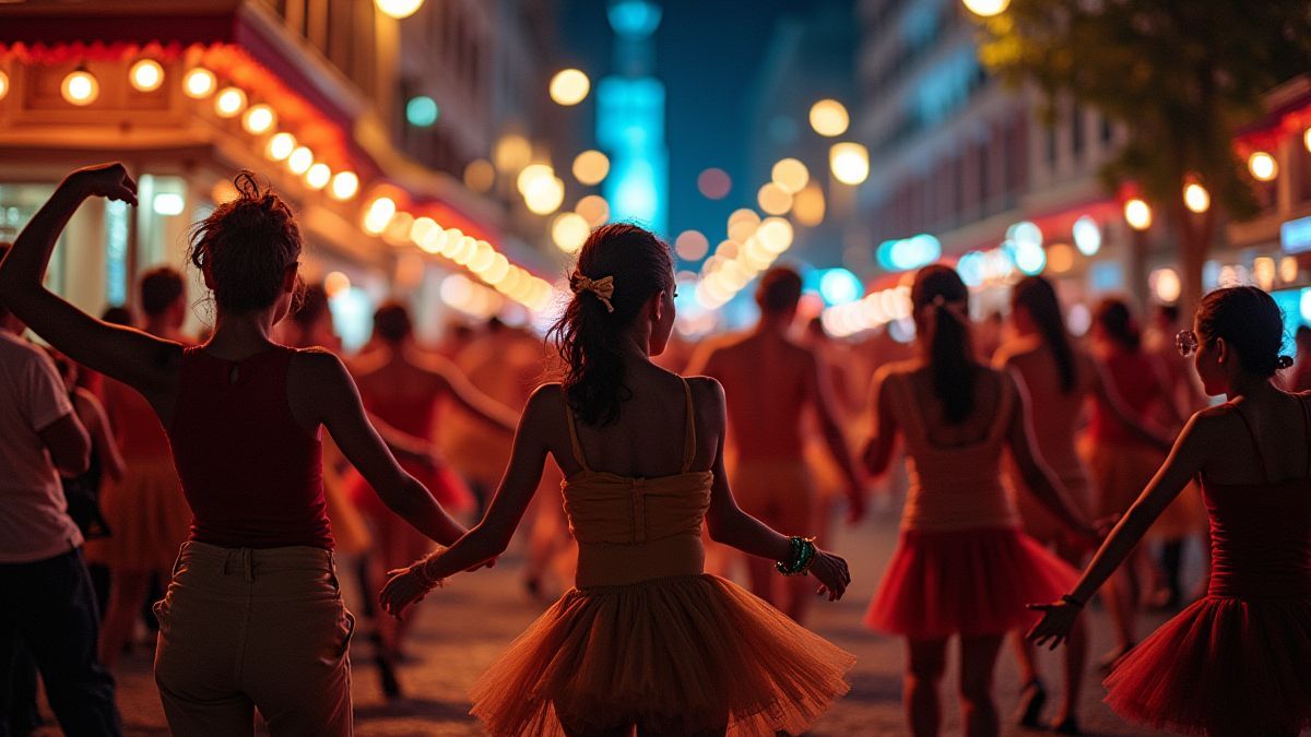 Karnevalsparade mit Tänzern und Instrumenten unter bunten Lichtern.
