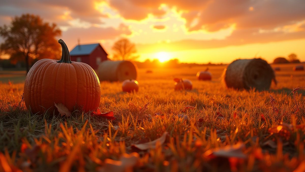 Granja outonal com abóboras e campos dourados ao entardecer.