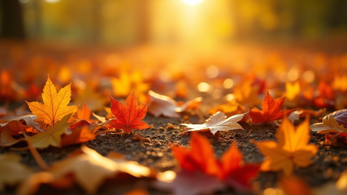 Folhas outonais coloridas sob a luz do sol.