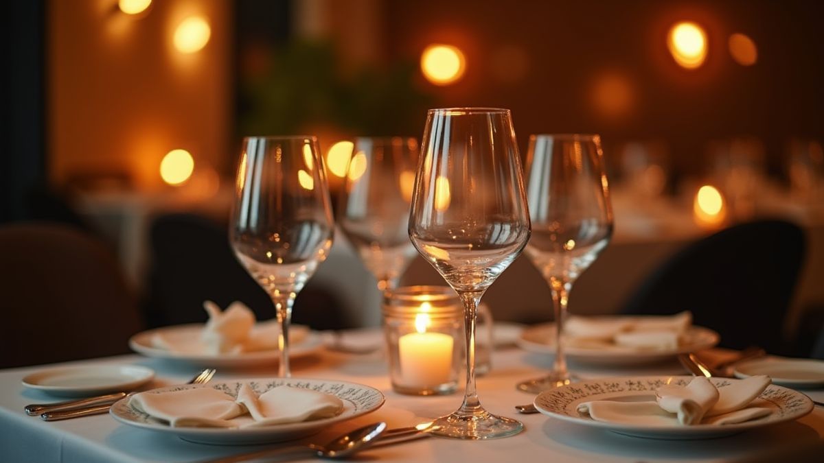 Elegante restauranttafel met wijnglazen en kaarsen.