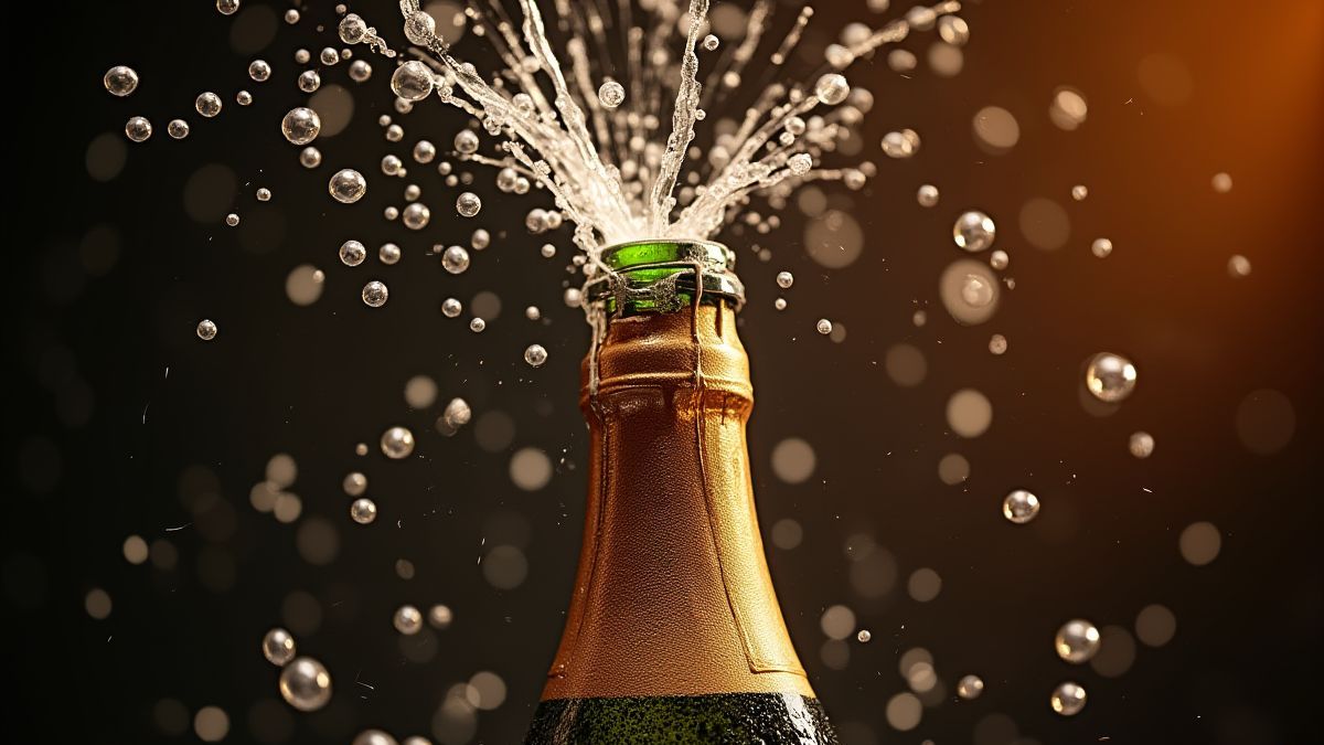 Open champagnefles met bubbels en fonkeling eromheen.
