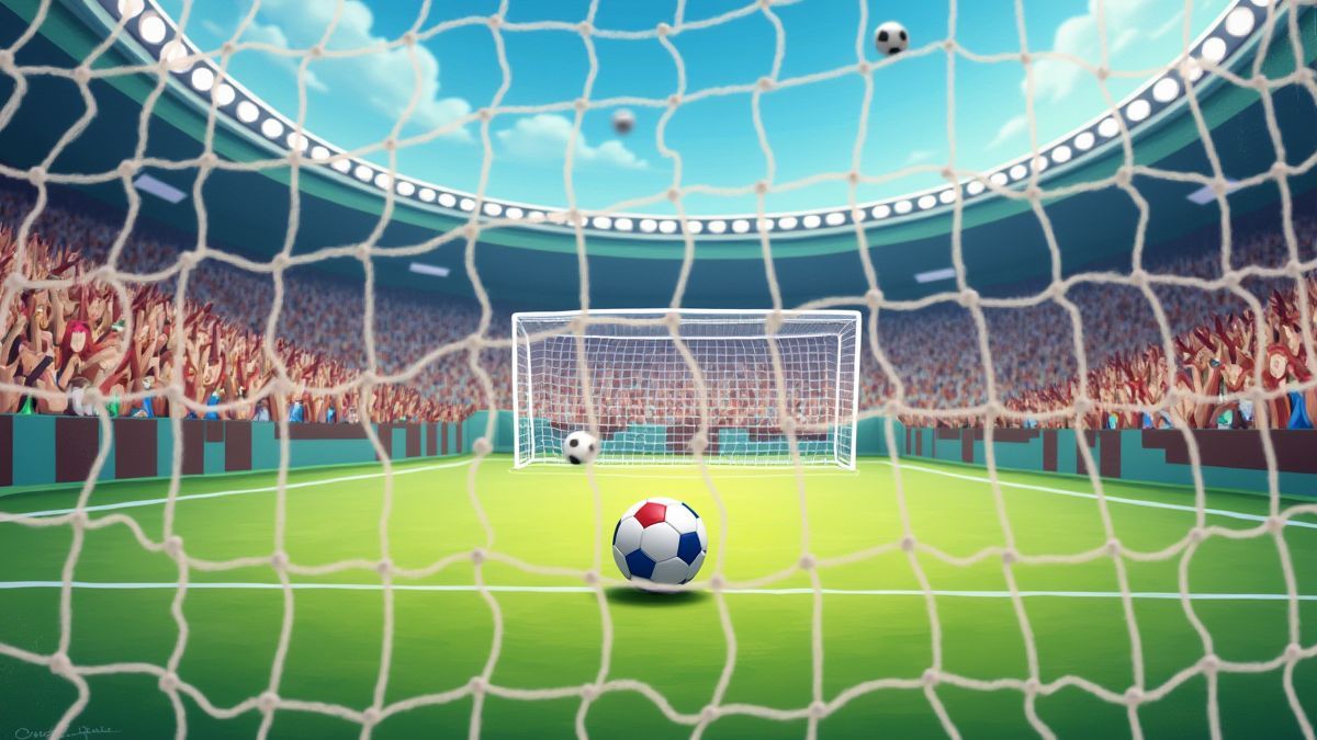 Goal in an animated football match with an animated audience.