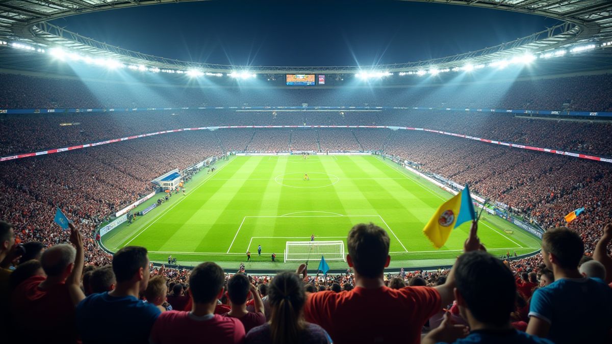Football stadium during a match with fans waving flags.