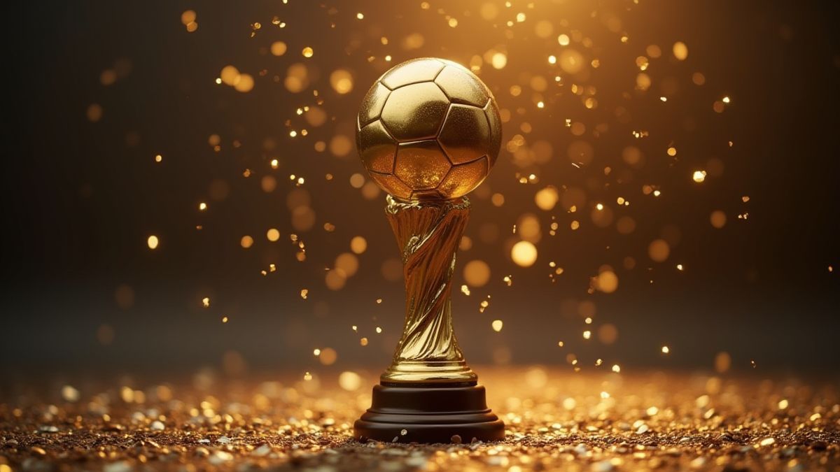 A golden football trophy on a pedestal surrounded by sparkling confetti.