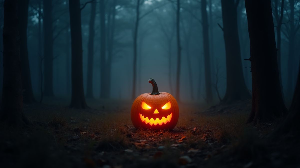 Calabaza brillante en un bosque oscuro y neblinoso