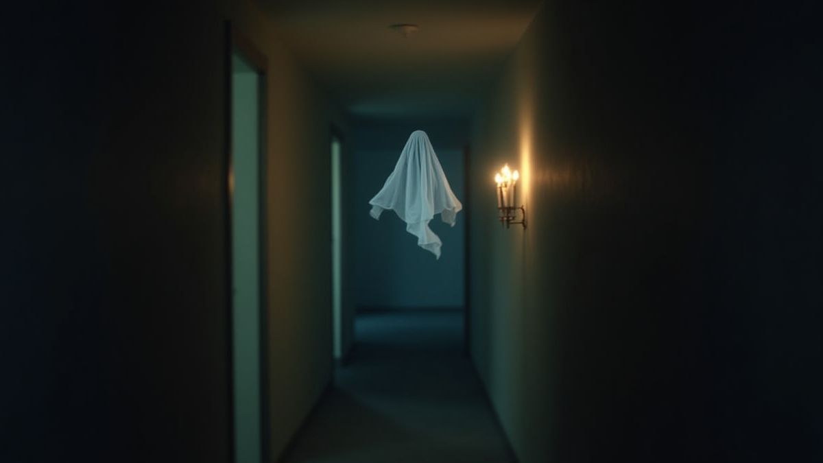 Fantasma volando por un pasillo oscuro con velas parpadeantes
