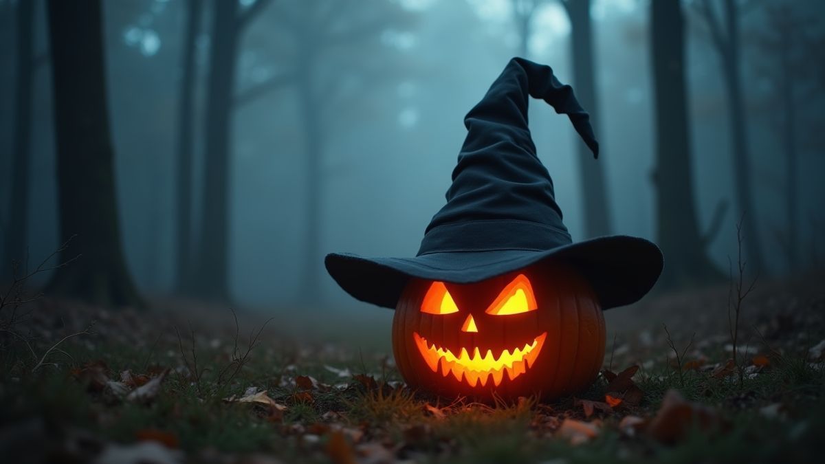 Sombrero de bruja sobre una calabaza brillante rodeada de niebla.