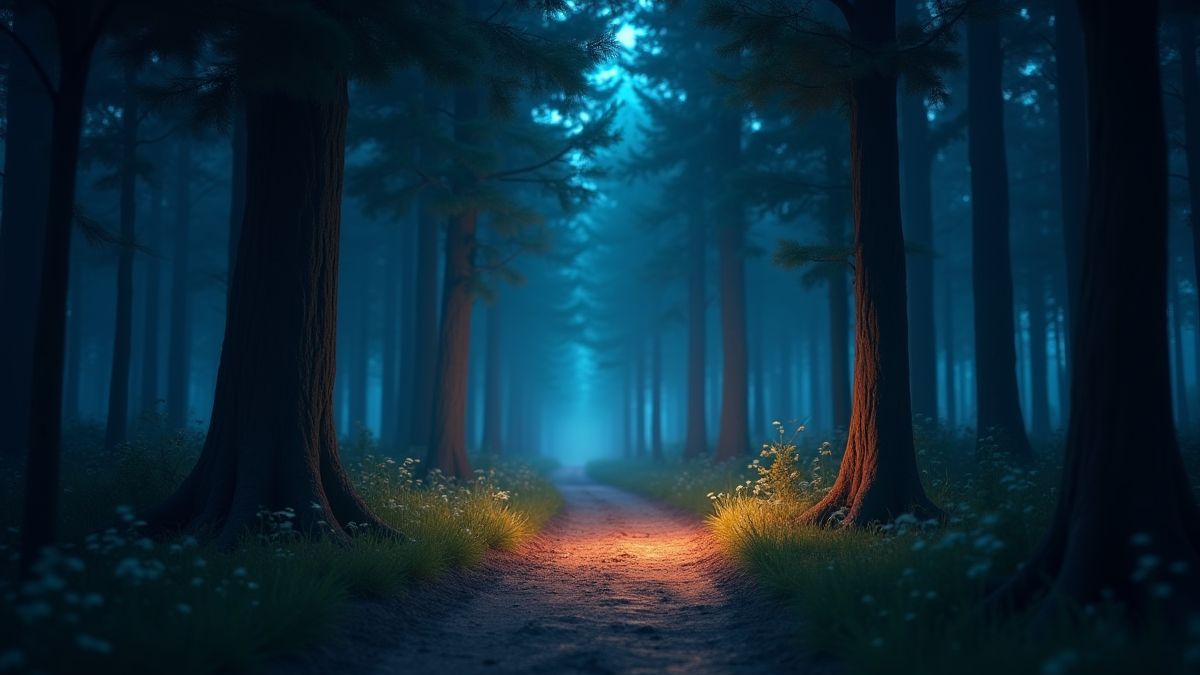Camino en un bosque iluminado por luces misteriosas.