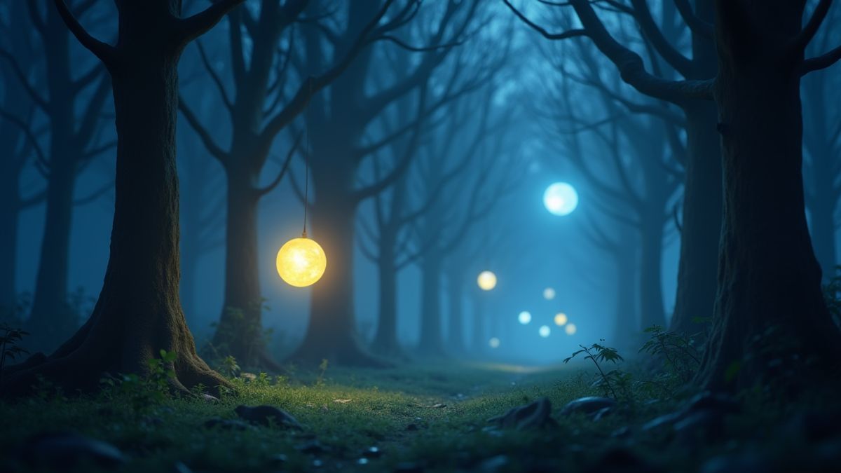 Orbes mágicos flotando en un bosque embrujado.