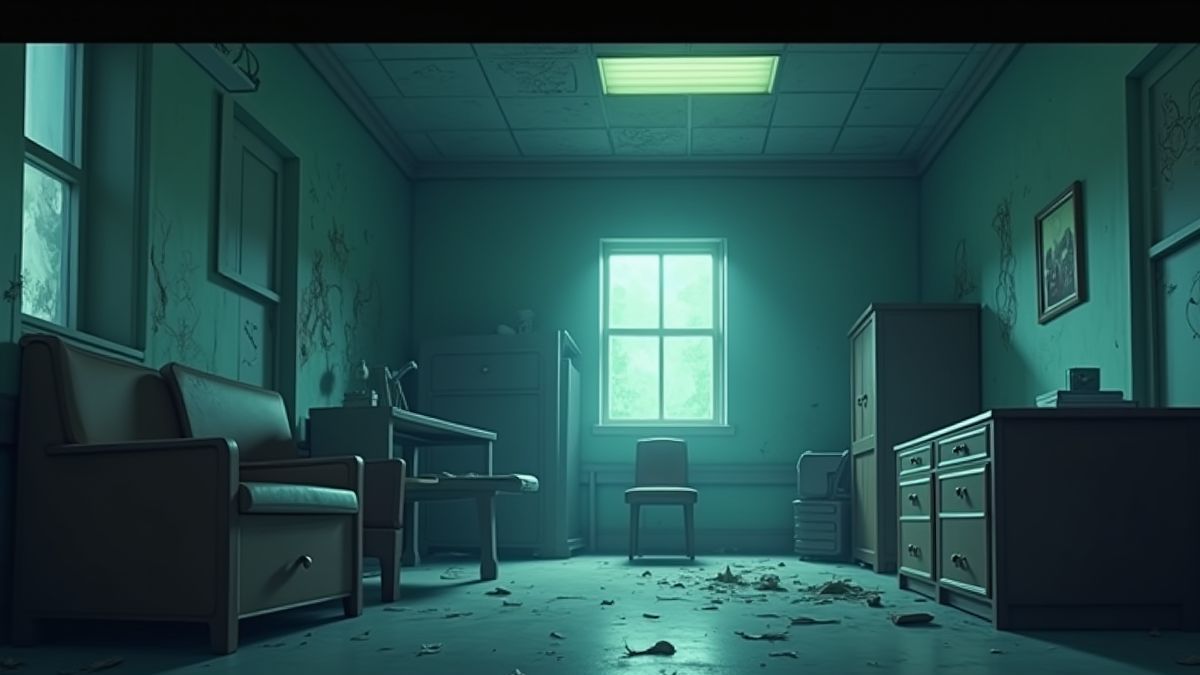 Haunted hospital room with broken furniture and cobwebs.