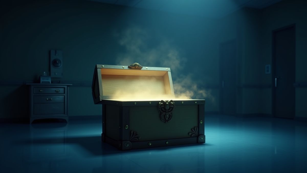 Glowing treasure chest in a dark hospital room.