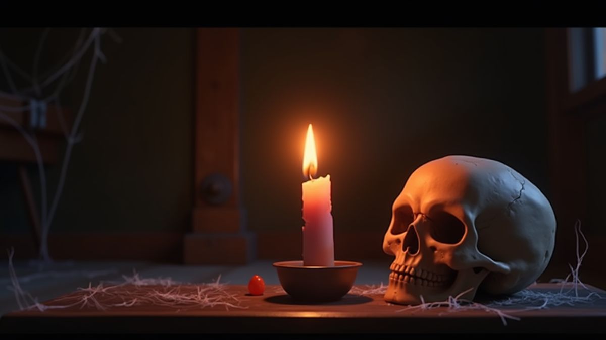 Una vela brillante junto a una calavera en una habitación oscura con telarañas.